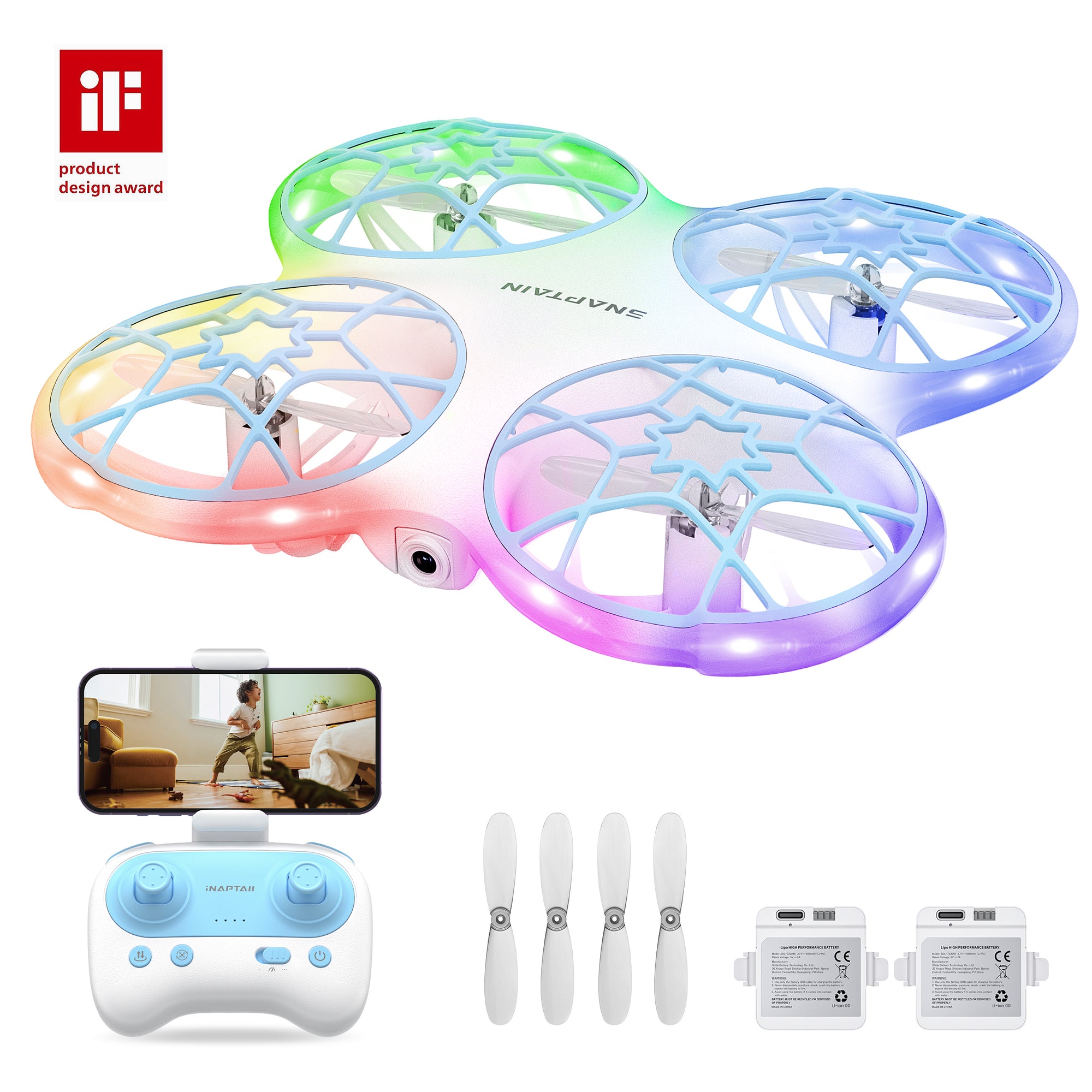 Snaptain K30 Mini Drone with Camera for Kids 720P, HD FPV RC Drones for Kids and Adults with Cool LED Light,Altitude Hold, Headless Mode,3D Flips, Speed Adjustment and 2 Batteries